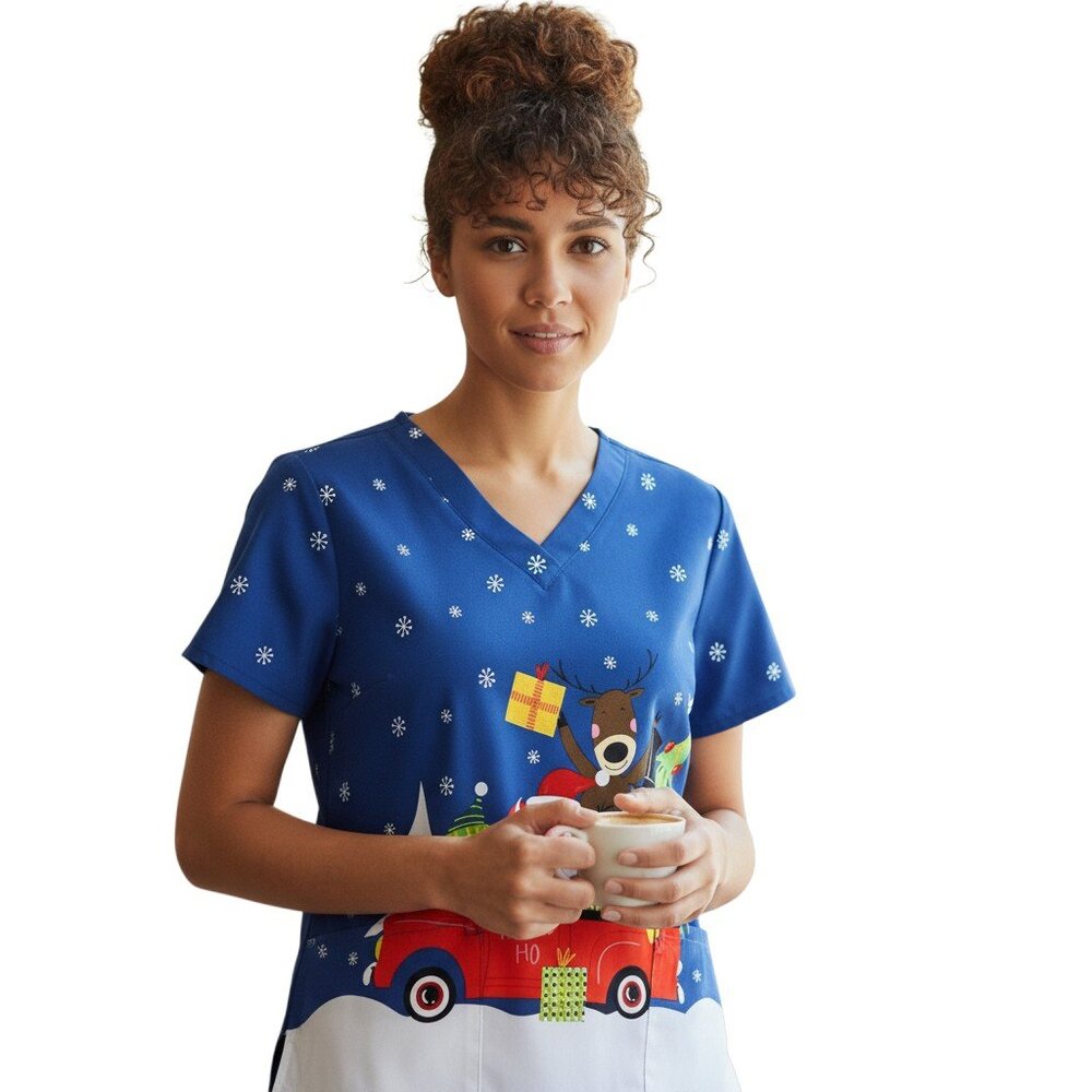 Butter-Soft Women's M Blue Christmas Reindeer Holiday V-Neck Scrub Top